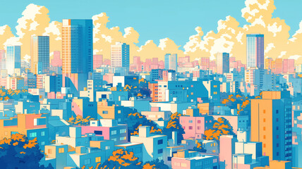 都会の夕暮れ、ピンクとブルーで彩られた高層ビルと空が描く幻想的風景、レトロ感漂うおしゃれな都市風景イラスト、昭和レトロ、シティポップ、ノスタルジー、ビル群、クリアスカイ