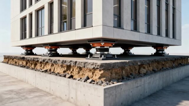 Medium shot of a seismicresistant tectonic foundation showcasing innovative shockabsorbing base isolators beneath a modern building structure.