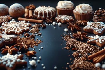 Festive christmas food flat lay featuring gingerbread cookies, spices, and holiday decorations