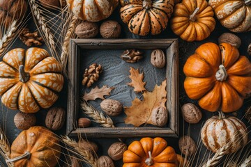 Autumnal border featuring pumpkins, leaves, nuts, and wheat on a warm brown background