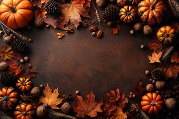 Autumn themed border featuring pumpkins, leaves, nuts, and wheat on a brown background