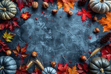 Charming autumn border featuring pumpkins, leaves, nuts, and wheat on a warm brown background