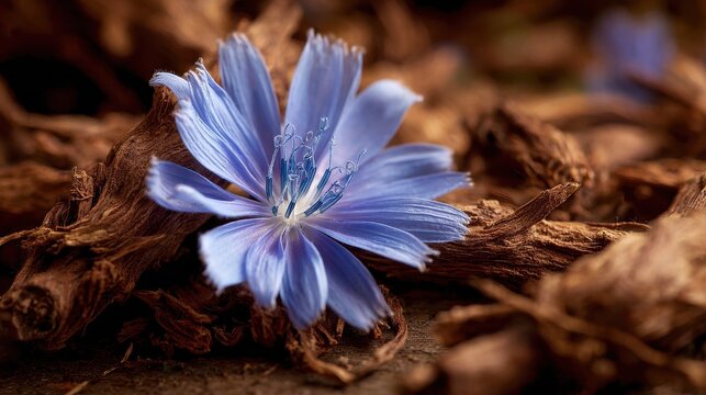 Chicory flower and root on a dark background, close-up