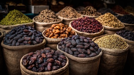 Exotic Spice Market: A vibrant array of aromatic spices spills forth from rustic burlap sacks, enticing the senses with a kaleidoscope of colors, textures, and the promise of culinary delights. 