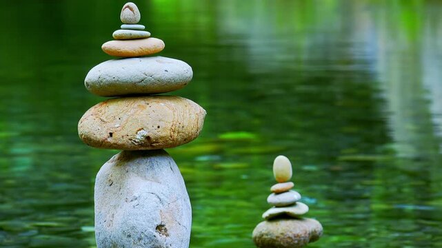 Close-up shot of rocks stacked on top of each other and placed in quiet jungle lake. Meditation scene with stone piles by side of water, symbol of balance, harmony and tranquility. Camera stays still.