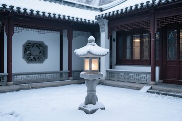 Snow-covered traditional courtyard with illuminated stone lantern
