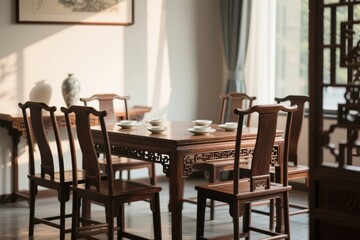 Traditional wooden dining table and chairs in a classic Chinese-style room with natural light and decorative elements