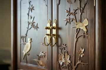 Close-up of intricately carved wooden cabinet doors featuring birds, flowers, and brass hardware