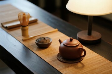Traditional tea set arranged on a wooden tray with a teapot, whisk, and bowl under soft lighting
