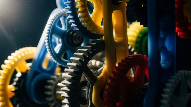 Close-up of colorful interlocking gears in motion. - Powered by Adobe