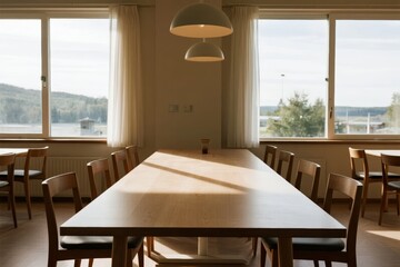 Empty conference room with long wooden table and chairs near large windows overlooking a lake and hills