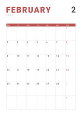 Monthly page Calendar Planner Template design of February 2026. Vector layout of calendar with week start Monday for Scheduling. Page for size A4 or 21x29.7 cm