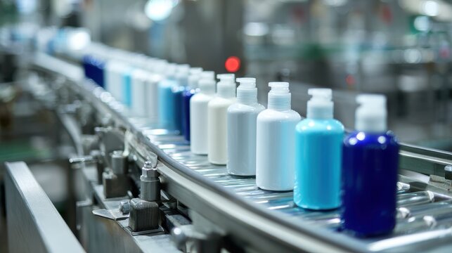 Blue and white cosmetic bottles on a factory production line conveyor belt