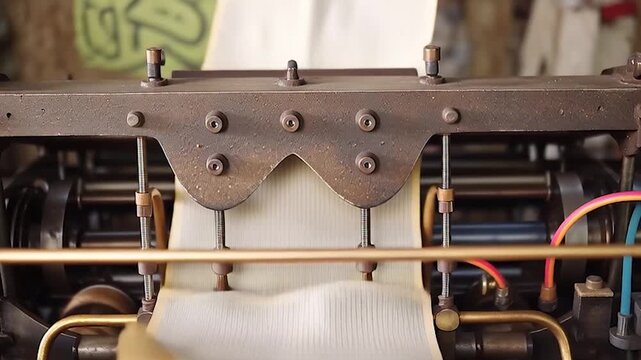 Close-up of a vintage printing press in operation, showing the intricate mechanical process of paper feeding and ink application.