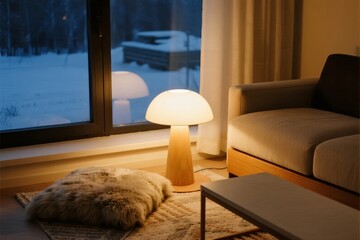 Cozy living room interior with warm lighting and snowy outdoor view