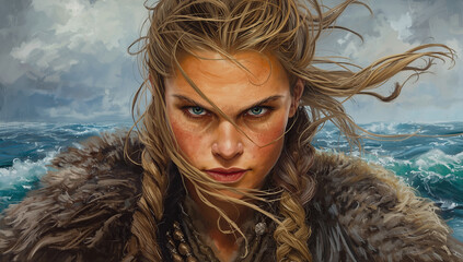Expressive oil painting of a fierce Viking woman with an intense, penetrating gaze and wind-tousled hair