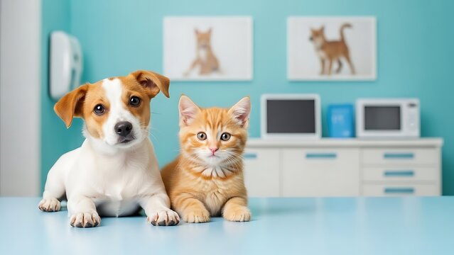 Cute Dog and Cat Sitting on Table in Veterinary Clinic with Blue Walls and Animal Artwork