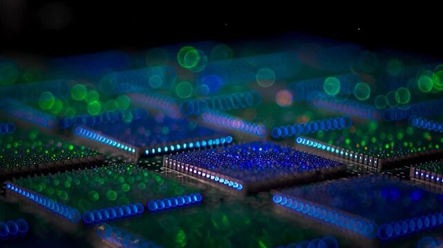 Close-up of computer chips with blue and green lights, representing advanced technology and data processing.