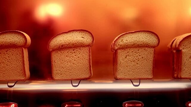 Close-up of bread slices being toasted in a toaster, with spoons holding them down, then popping up.