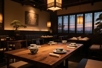 Cozy wooden dining table set with traditional teacups and lantern lighting in a serene restaurant at dusk