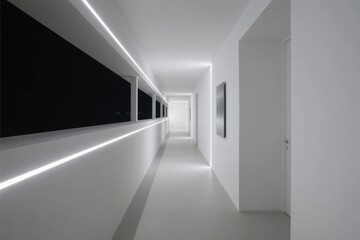 Minimalist white corridor with linear lighting and black accent wall