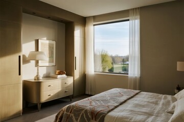 Modern bedroom with large window, natural light, and minimalist furniture