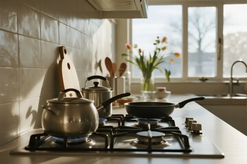 Modern kitchen with gas stove, cooking pots, and natural light from window