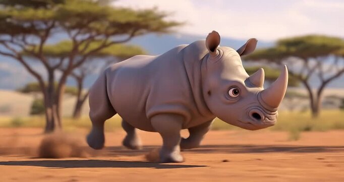 A cartoon rhinoceros running across a savanna landscape with distant mountains and trees
