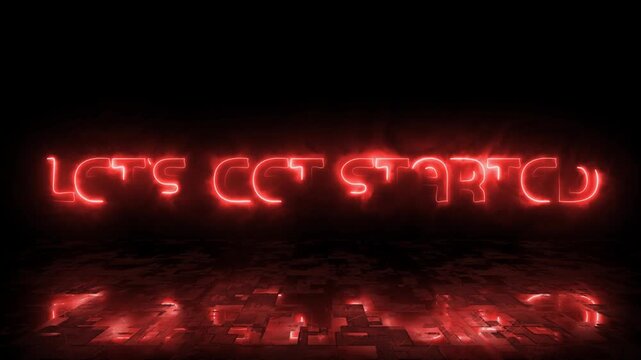 Neon Red &ldquo;Let&rsquo;s Get Started&rdquo; Glowing Text Animation on Dark Futuristic Floor Background
