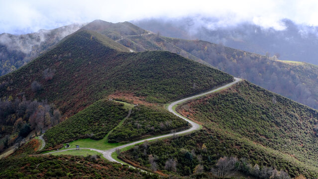 Scenic mountain landscape in San Martin del Rey Aurelio, Asturias, Spain.
