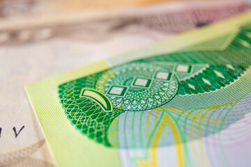 Fototapeta premium This macro-shot captures a green 10,000 Iraqi Dinar note, featuring detailed Arabic calligraphy and the Al-Hadba Minaret. Intricate geometric security patterns are visible.