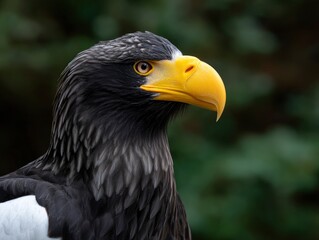 Obraz premium Stellers sea eagle portrait head and upper body shown yellow beak and dark feathers visible