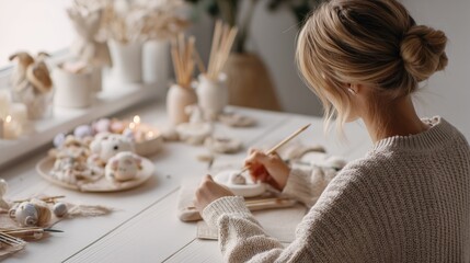 Soft warm scene with knit sweater sleeves and pastel baubles, great background for winter promotions, workshops and creative projects.