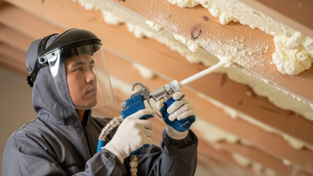 Focused contractor applies spray foam insulation to wooden ceiling beams in unfinished interior, wearing protective suit, gloves and face shield for safety during home energy upgrade