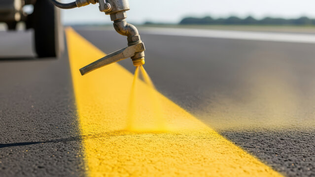 Fresh yellow road centerline being sprayed onto smooth asphalt highway surface by pavement marking machine