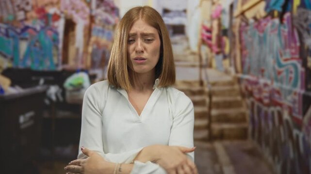Young blonde woman in casual top crosses bare arms over chest on graffiti lined city street; cold discomfort chill shivering.