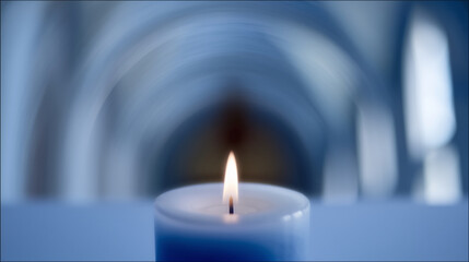 Soft candle flame burning brightly against a blurred blue background