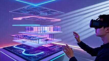 Medium shot of an architect using VR headset to explore futuristic building models highlighting interactive design and spatial planning in a virtual environment. - Powered by Adobe