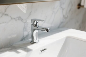 Modern chrome faucet on white ceramic sink with marble backsplash in bathroom