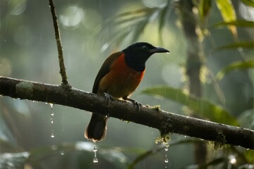 A colorful bird with a black head and orange chest perches on a rain-drenched branch in a lush forest.
