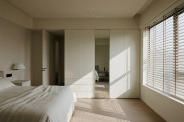 Minimalist bedroom with natural light, white furnishings, and mirrored closet doors