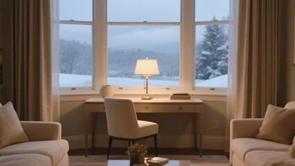 Cozy living room with desk by large window overlooking snowy landscape
