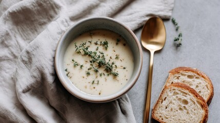 Gourmet comfort food photography featuring a savory vegan or vegetarian soup in a rustic ceramic bowl on a vertical flat lay.