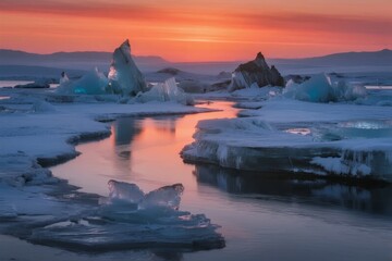 Sunset over icy waters with floating icebergs and reflective surface