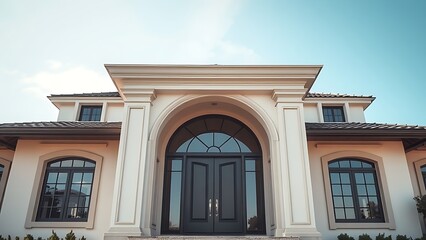 Obraz premium Elegant doorway of a luxury home, architectural detail, blue sky background.