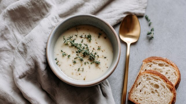Gourmet comfort food photography featuring a savory vegan or vegetarian soup in a rustic ceramic bowl on a vertical flat lay. - Powered by Adobe