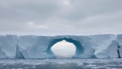 A vast Antarctic glacier with a massive, geometric blue void in the ice, under a troubled, melancholic sky.