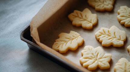 Fototapeta premium Unbaked cookie dough cut into autumn leaf and star shapes on a baking sheet.