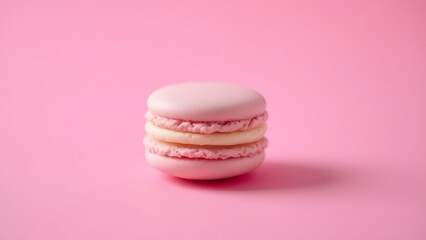 A single pink macaron centered on a soft pink background, highlighting its delicate texture.