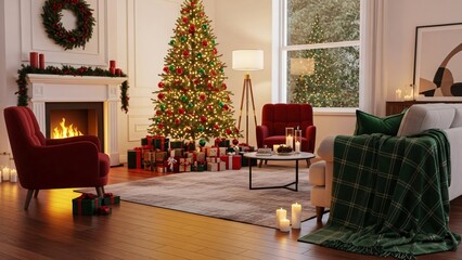 Cozy Christmas Living Room with Fireplace, Decorated Tree & Holiday Gift Presents Scene